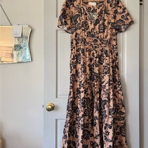 Somerset dress Anthropologie tan and navy print
